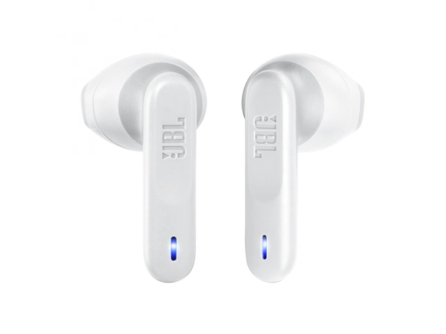 Auriculares JBL Wave Flex White vistos de frente, diseño minimalista y elegante.  