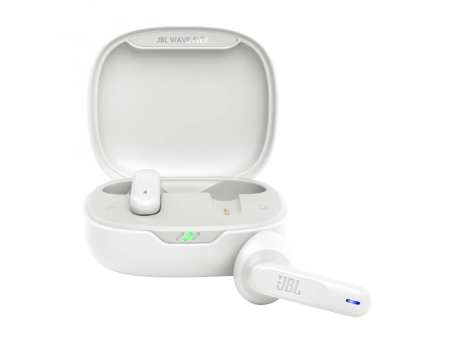 Auriculares JBL Wave Flex White vistos de frente, diseño minimalista y elegante.  