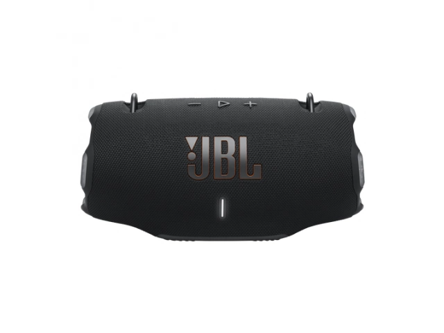Vista frontal del JBL Xtreme 4 Black mostrando el diseño robusto y el logo JBL prominente.%u200B