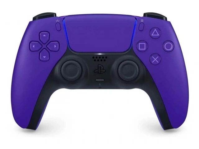 Joystick inalámbrico Sony PS5 DualSense edición Galactic Purple (púrpura galáctico) de frente, disponible en Avlis Uruguay.