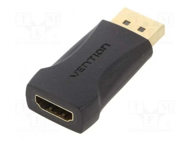 Adaptador Vention DisplayPort a HDMI negro en uso, conectando una laptop con salida DP a un monitor HDMI para una pantalla extendida. Comprá en Avlis Uruguay.