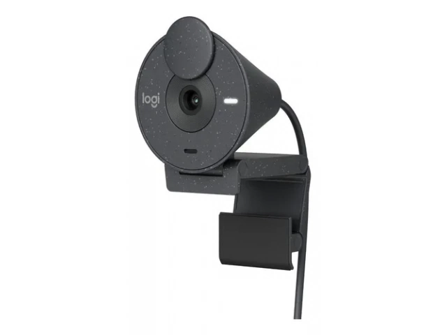 Persona usando la Logitech Brio 300 durante una videollamada profesional  
