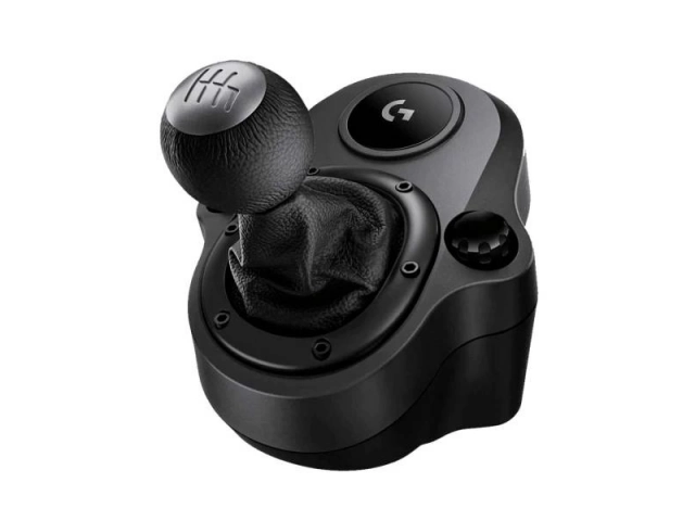 Vista frontal del Logitech Driving Force Shifter con pomo de cuero y patrón en H.