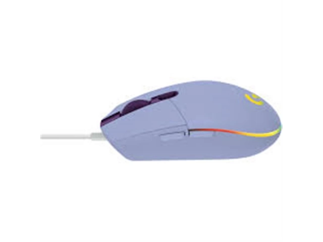 Vista lateral del Logitech G203 Lightsync en color violeta con diseño ergonómico