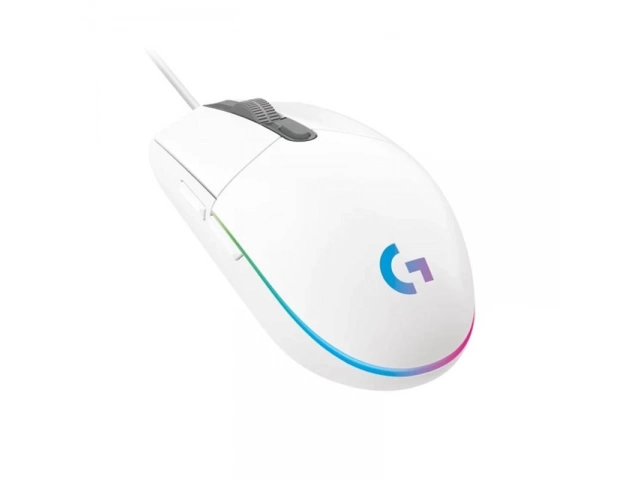 Imagen desde arriba del mouse Logitech G203 blanco con logo iluminado