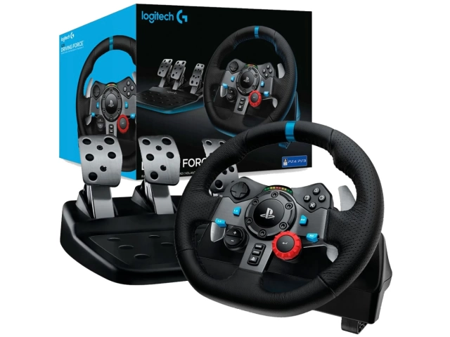 Configuración completa del Logitech G29 con volante y pedales listos para jugar.