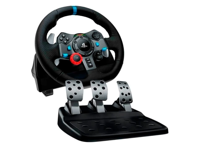 Vista frontal del volante Logitech G29 Driving Force con diseño ergonómico y cuero cosido a mano.