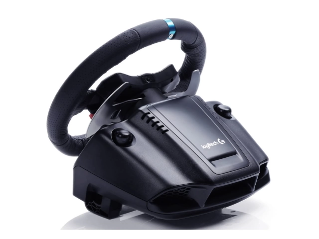 Vista lateral del volante Logitech G29 mostrando las palancas de cambio de acero inoxidable.