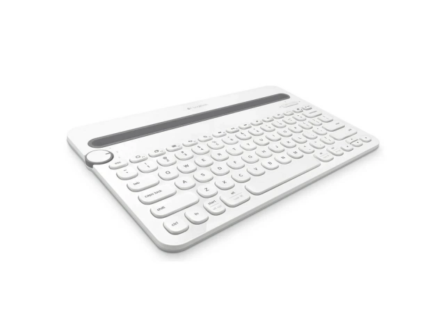 Vista lateral del teclado Logitech K480 BT Blanco mostrando su diseño compacto.