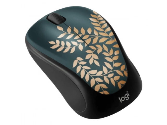 Mouse Logitech M317C Golden Garden junto a una laptop, destacando su portabilidad y diseño único en Uruguay.