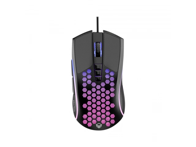 Mouse gamer Meetion GM015 en uso, destacando su agarre ergonómico y la iluminación RGB sobre un mousepad. Comprá tus accesorios gaming en Avlis Uruguay.
