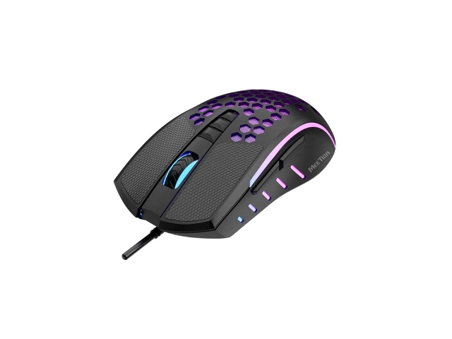 Primer plano de los botones laterales y los efectos de iluminación RGB/LED del mouse gamer Meetion GM015. Estilo y funcionalidad para gamers en Avlis.