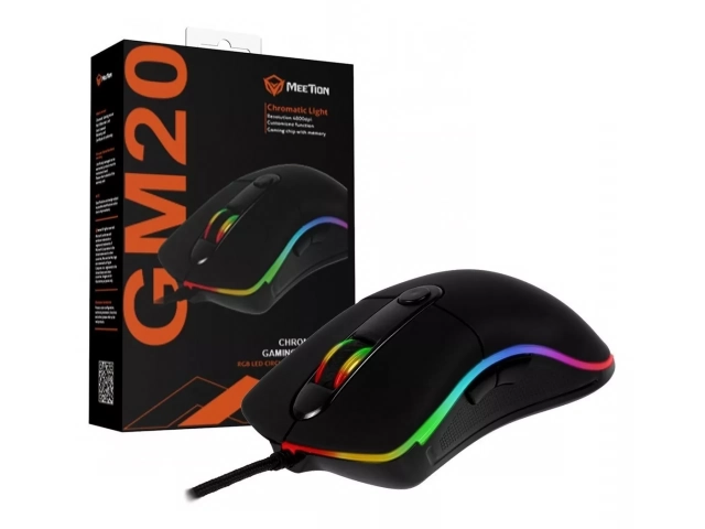Vista frontal del Mouse Meetion GM20 con diseño agresivo y detalles gamer.