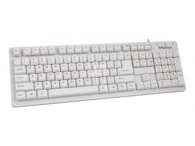 Teclado Meetion K202 color blanco, diseño delgado con teclas chocolate, conexión USB, ideal para oficina, en Avlis Uruguay.