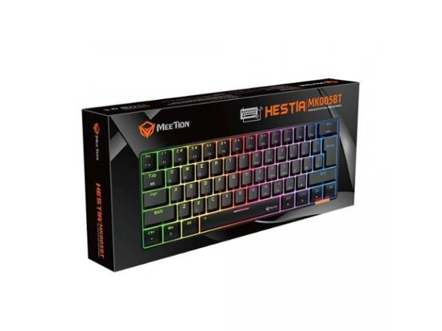 Detalle de los switches mecánicos Content Blue y la iluminación Rainbow RGB del teclado Meetion MK005 negro. Precisión y estilo gamer. Avlis.