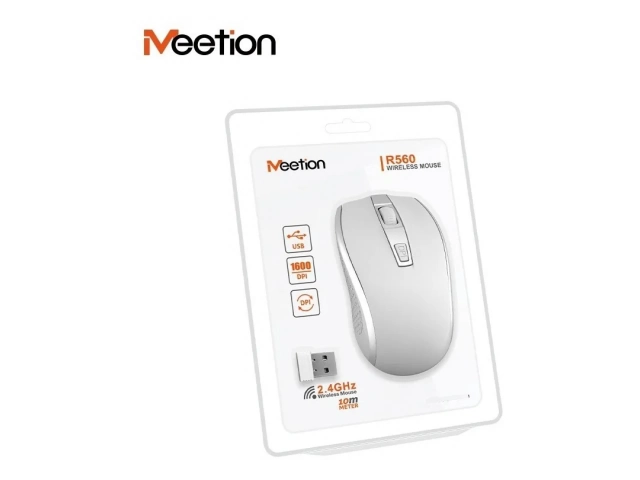 Mouse inalámbrico Meetion R560 color blanco, vista superior, mostrando su diseño elegante y ergonómico de 3 botones. Avlis Uruguay.