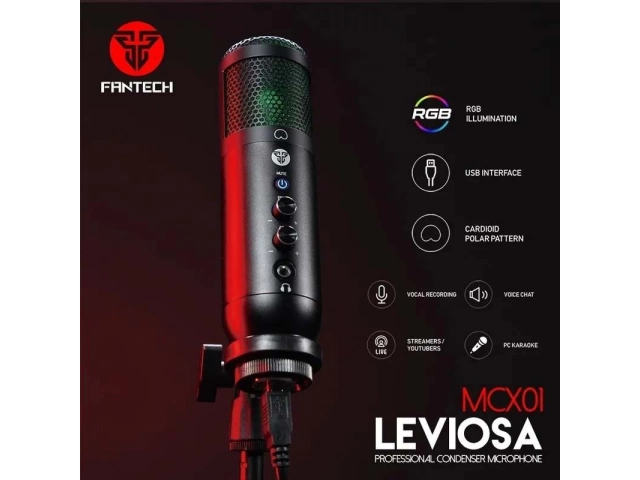 Micrófono condensador USB Fantech Leviosa MCX01 con iluminación RGB personalizable, patrón cardioide y trípode. Ideal para streaming, podcasting y gaming. Avlis Uruguay.