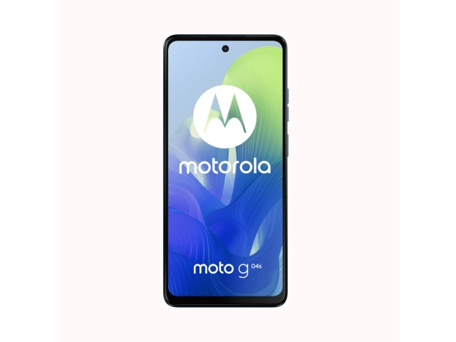 Vista frontal del Motorola G04S 4/64GB Azul, diseño moderno y pantalla amplia.