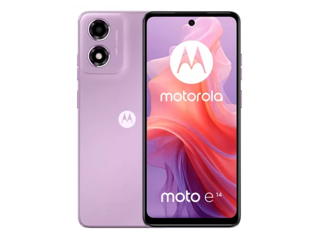 Motorola Moto E14 lavanda ejecutando Android 14 Go Edition.