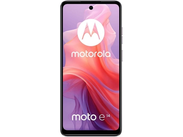 Vista frontal del Motorola Moto E14 en color lavanda mostrando su pantalla HD .