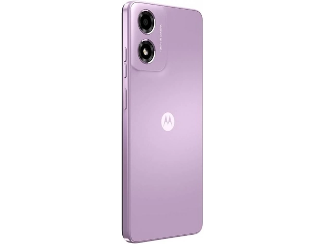 Vista lateral del Motorola Moto E14 color lavanda mostrando su diseño delgado.