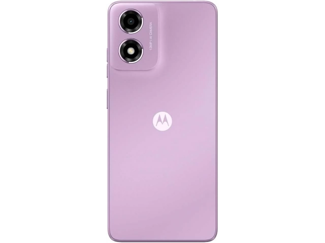 Parte trasera del Motorola Moto E14 lavanda destacando su cámara de 13 MP.