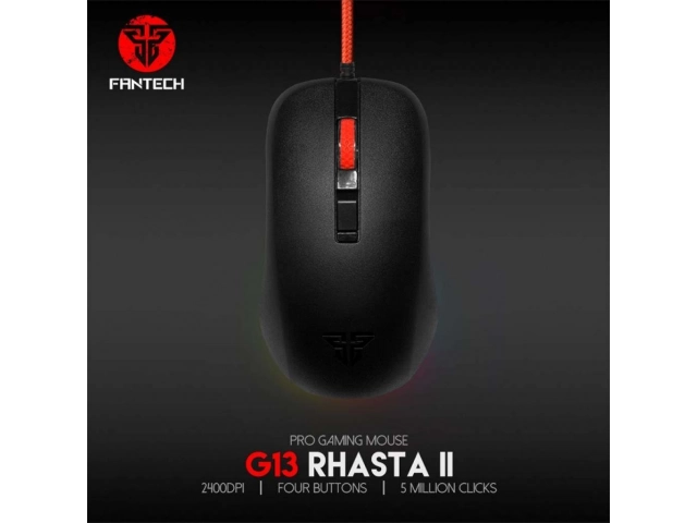 Mouse Fantech Rhasta II G13 mostrando su vibrante iluminación RGB y cable USB trenzado. Estilo y rendimiento gamer. Avlis Uruguay.