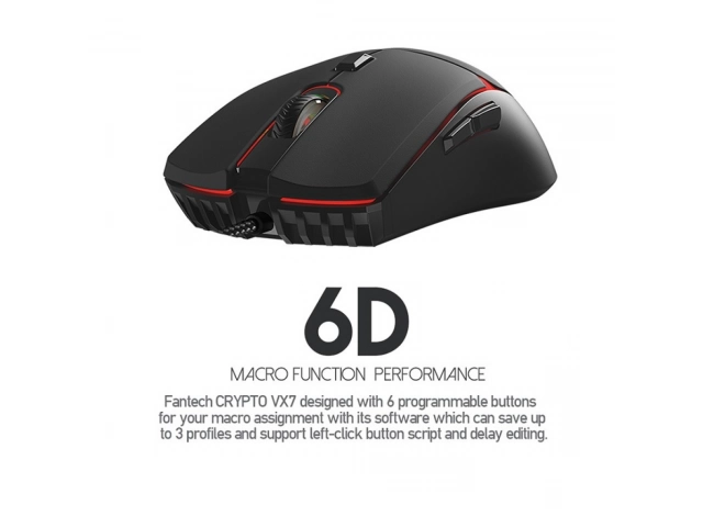 El mouse Fantech VX7 te da precisión gamer con 6 botones programables y hasta 6400 DPI. Diseño ergonómico negro mate y cable trenzado de alta durabilidad. El mouse Fantech VX7 te da precisión gamer con 6 botones programables y hasta 6400 DPI. Diseño ergonómico negro mate y cable trenzado de alta durabilidad.