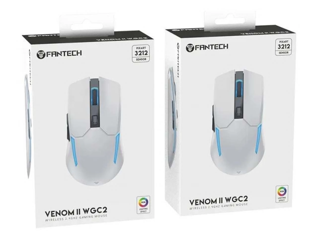 Mouse Fantech Venom II WGC2 blanco con iluminación RGB, perfecto para un setup gaming moderno e inalámbrico. Avlis Uruguay.