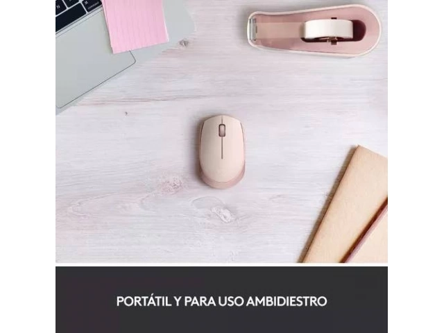 Mouse Logitech M170 rosado en uso sobre escritorio