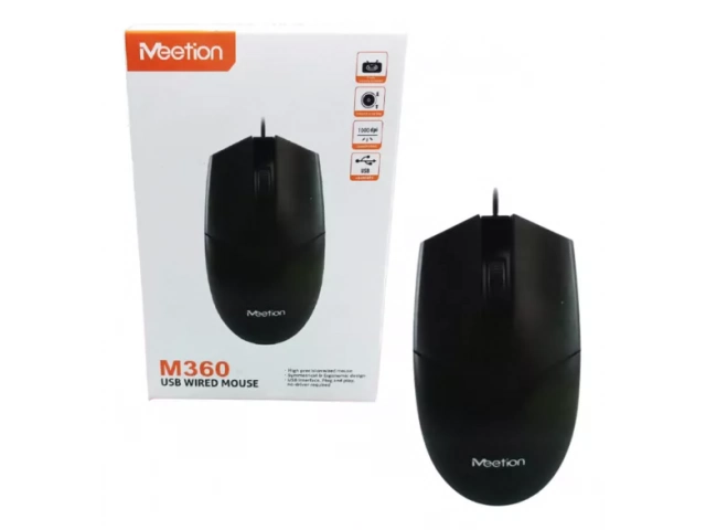 Empaque del Mouse Meetion M360 mostrando presentación y especificaciones técnicas.