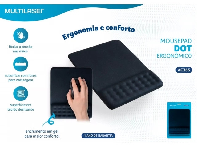 Mousepad ergonómico Multilaser en color negro, con apoyo de gel incorporado para el confort de la muñeca. Avlis Uruguay.