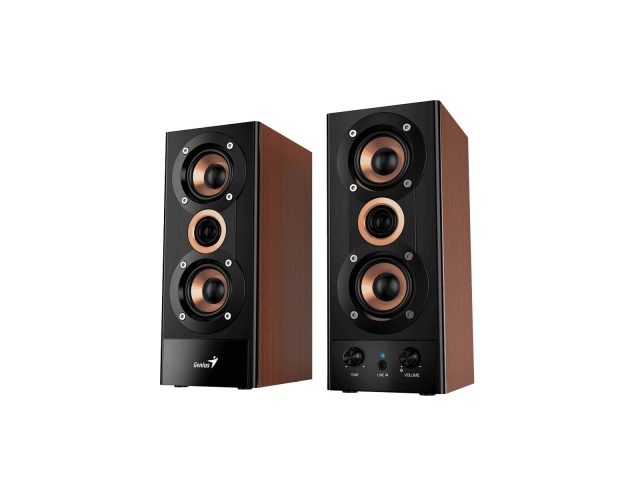 Vista frontal del parlante Genius SW-HF800A II de madera, destacando su diseño elegante y acabado premium, ideal para cualquier configuración de audio en Uruguay.
