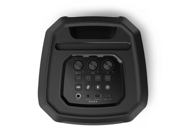 Panel de control del parlante Philips TAX2208/77 con botones de volumen y efectos.%u200B