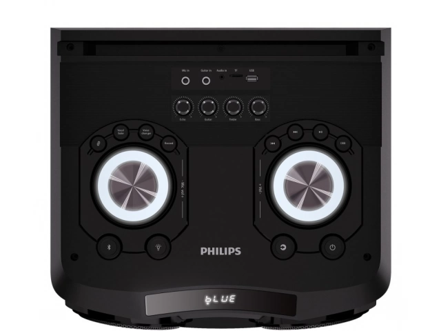 Parlante Bluetooth Philips TAX5708/77 ideal para fiestas en Uruguay. Potente sonido con Bass Boost, show de luces dinámico y entradas para karaoke (micrófono/guitarra). Disponible en Avlis.