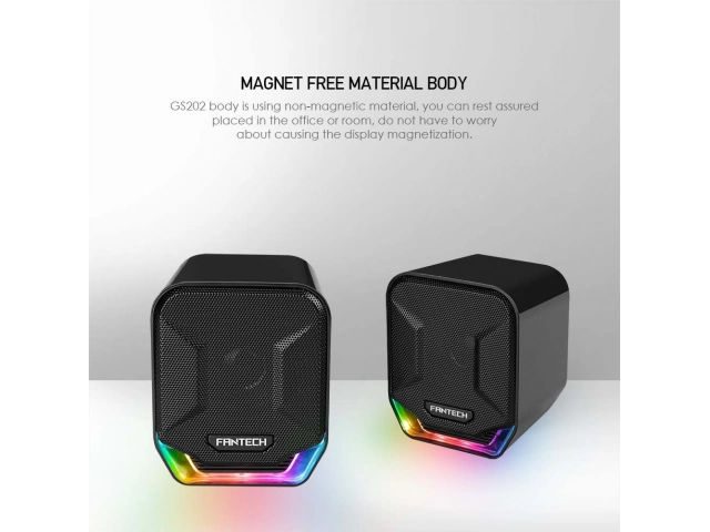 Parlantes Fantech GS202 Sonar estéreo 2.0 en color negro. Alimentación USB y jack 3.5mm. Sonido claro para PC. Avlis Uruguay.
