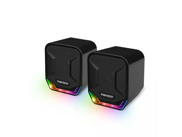Parlantes Fantech GS202 Sonar estéreo 2.0 en color negro. Alimentación USB y jack 3.5mm. Sonido claro para PC. Avlis Uruguay.
