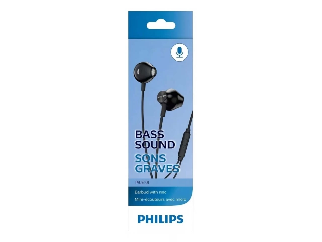 Usuario disfrutando de música con los auriculares Philips TAUE101BK/00 Negros conectados a un smartphone, destacando su practicidad. Comprá en Avlis Uruguay.