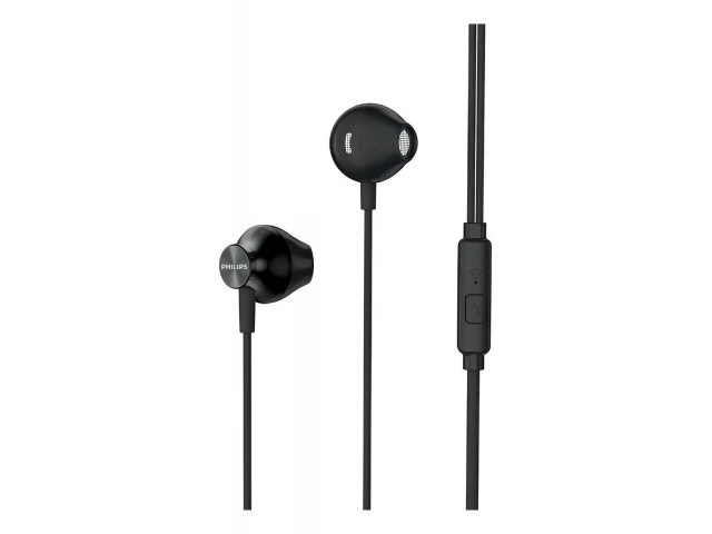Detalle de las almohadillas intercambiables y el conector de 3.5mm de los auriculares Philips TAUE101BK/00 Negros. Comodidad y compatibilidad en Avlis.