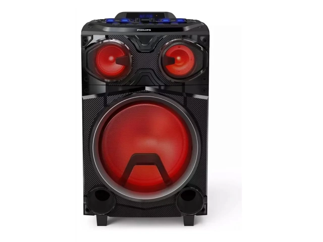 Vista frontal de la torre de sonido Philips TAX3305/77 con luces LED encendidas.
