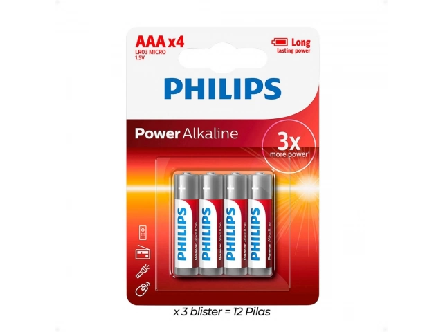 Pack de pilas AAA Philips alcalinas, energía duradera para dispositivos electrónicos, disponibles en Avlis Uruguay.