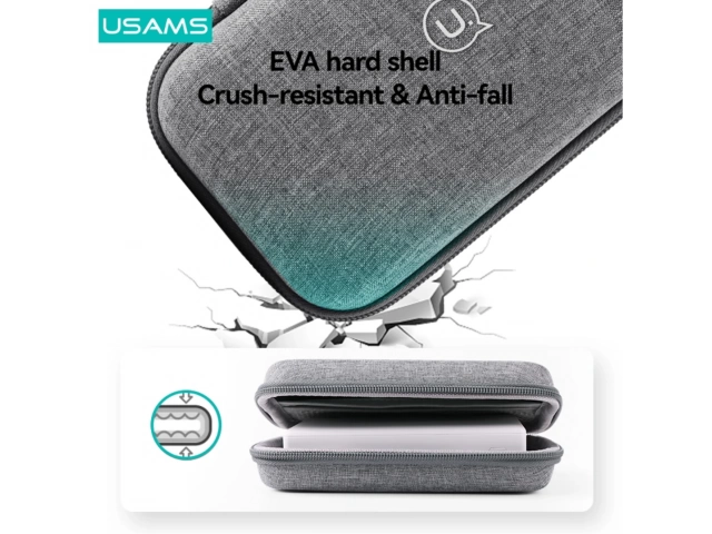 Vista frontal del Porta Powerbank Usams ZB290 en color gris, mostrando su diseño compacto y elegante para proteger cargadores portátiles en Uruguay.