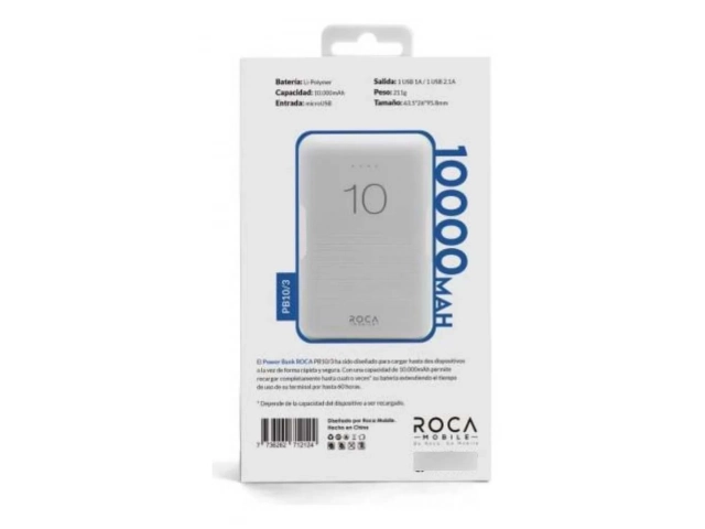 Powerbank Roca PB10/3 de 10000mAh con puertos USB, disponible en Avlis Uruguay.