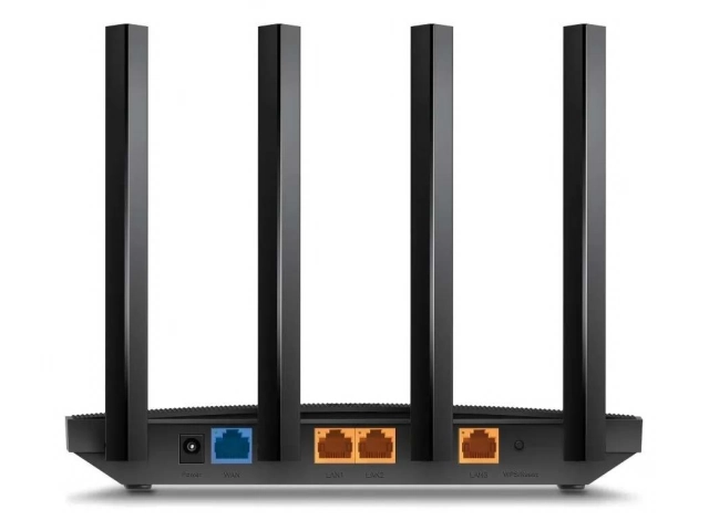 Detalle de los puertos Gigabit Ethernet (1 WAN   3 LAN) del router TP-Link Archer AX12 Wi-Fi 6 AX1500, para conectividad cableada ultra rápida. Avlis Uruguay