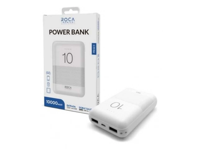 Primer plano de los puertos de carga (USB-A, Micro-USB, USB-C) y los indicadores de batería LED del Powerbank Roca PB10/3 10000mAh