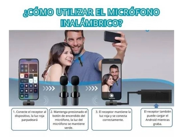 Primer plano del receptor USB-C del micrófono K9 conectado a un celular Samsung, mostrando el puerto de carga lateral.