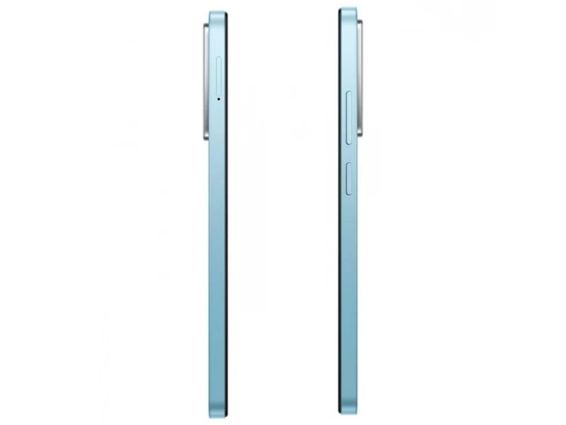 Vista lateral del Xiaomi Redmi A5 azul, mostrando su diseño delgado y moderno.