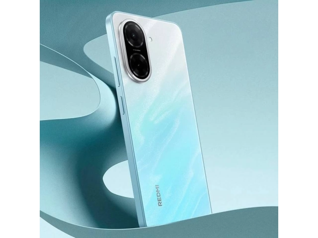 Parte trasera del Xiaomi Redmi A5 en azul, con acabado brillante y cámara de 32 MP.