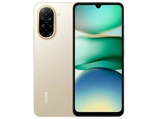 Parte trasera del Xiaomi Redmi A5 dorado, resaltando su cámara de 32 MP y acabado brillante.