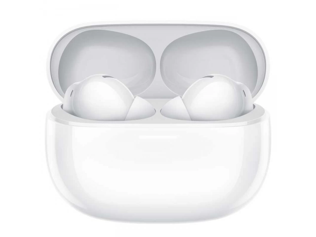 Estuche de carga abierto con los Redmi Buds 5 Pro blancos en su interior.